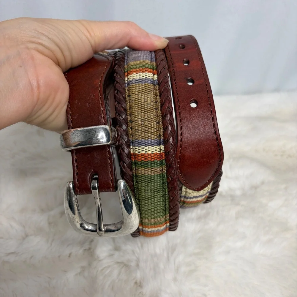 Brighton Mens 38 Braided Leather Striped Fabric Belt Brown Silver Buckle 67506